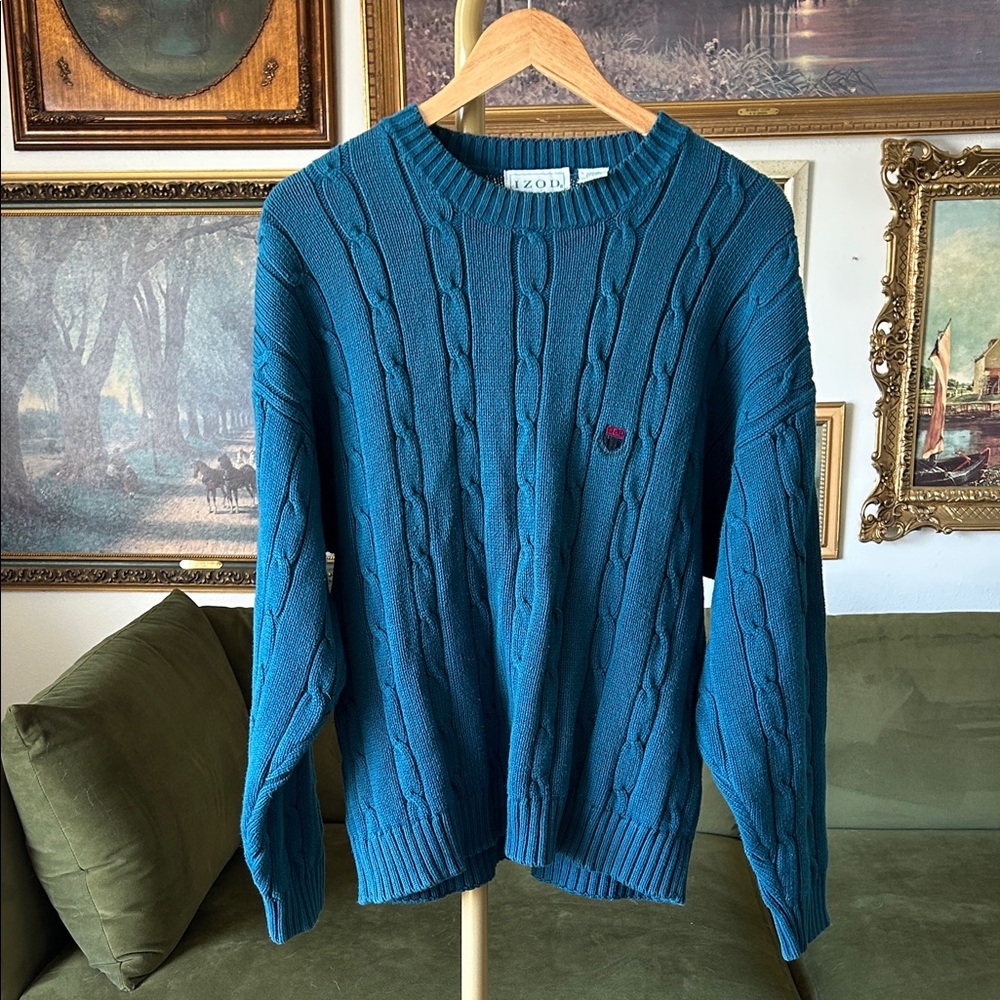 Vintage Teal Chunky Cable Knit Crewneck Sweater - Men's